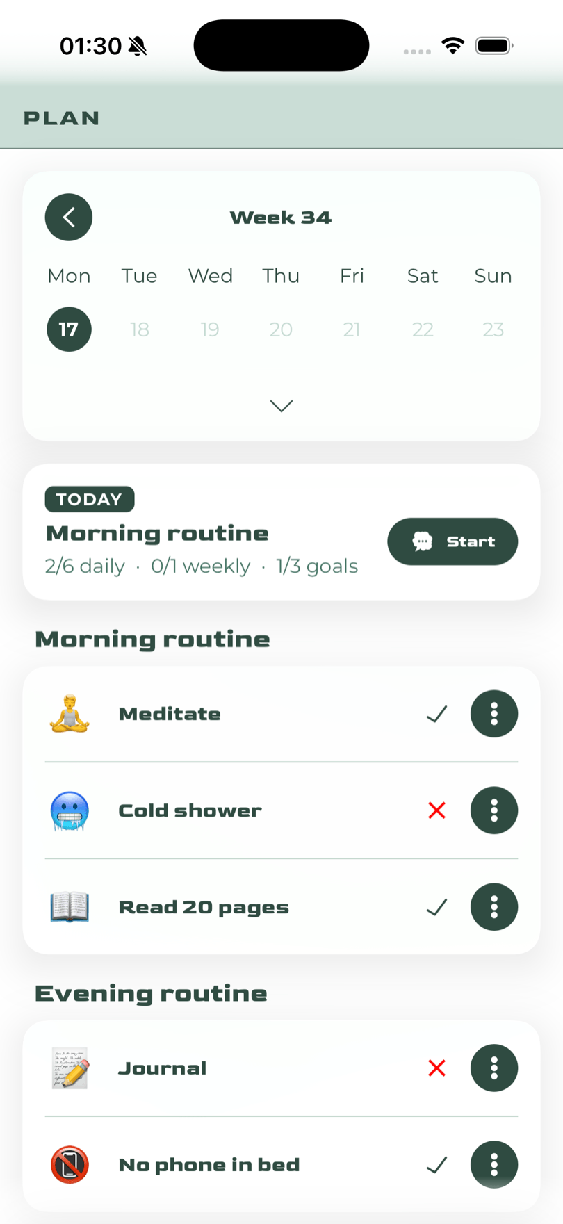Virtus Habit plan screen: morning and evening routines with daily and weekly habits